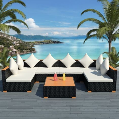 Vidaxl – Salon de jardin 7 pcs résine tressée noir – Coussins amovibles en polyester – Dimensions 278 x 139 x 57,5 cm – Table à thé WPC 74 x 74 x 29 cm