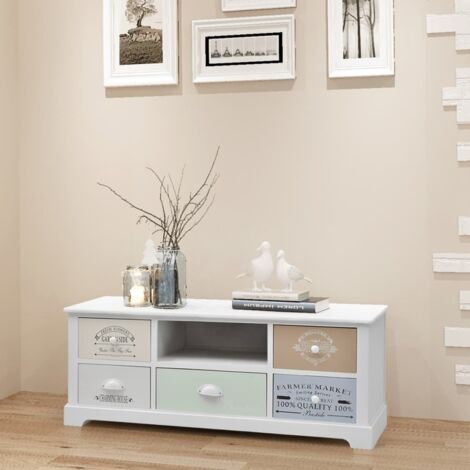 Vidaxl – Meuble TV en bois de Paulownia blanc – 5 tiroirs coulissants – Style français classique – Dimensions 100 x 35 x 40 cm (1/6)