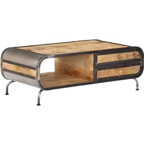 Vidaxl – Table basse fixe 100x50x35 cm en bois de manguier massif – Cadre en fer – 2 tiroirs et 1 compartiment de rangement – Style antique