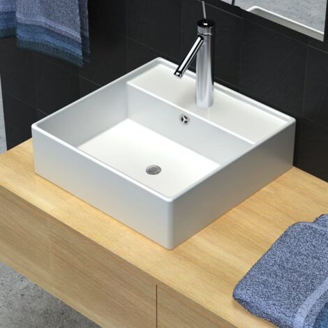 Vidaxl – Vasque à poser carrée en céramique 41 x 41 cm – Finition haute brillance – Trou de trop-plein – Installation murale ou au-dessus du comptoir