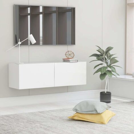 Vidaxl – Meuble TV blanc 100x30x30 cm en aggloméré – 2 portes abattantes – Capacité de charge 60 kg – Fixation murale recommandée