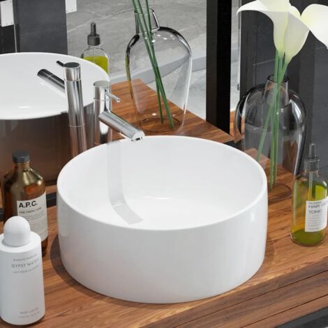 Vidaxl – Lavabo vasque céramique blanche 40 x 15 cm – Installation au-dessus du comptoir – Trou de vidange 4,5 cm – Design rond élégant