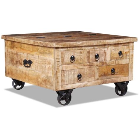 Vidaxl – Table basse fixe en bois de manguier brut 70 x 70 x 40 cm – 5 tiroirs – 4 roulettes pour déplacement facile – Style vintage