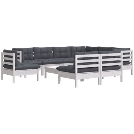 Salon de jardin 10 pcs avec coussins blanc bois de pin massif vidaXL (1/5)