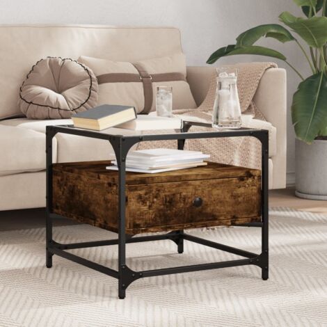 Table basse avec dessus en verre chêne fumé 50x50x45 cm acier vidaXL (1/5)