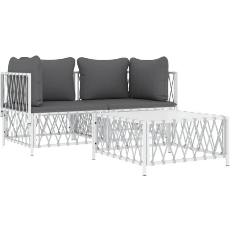 Salon de jardin avec coussins 3 pcs blanc acier vidaXL (1/5)
