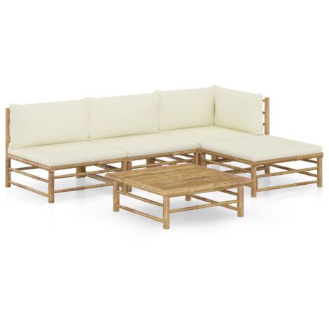 Vidaxl – Salon de jardin 5 pcs en bambou avec coussins blanc crème – Conception modulaire – Housses amovibles et lavables – Idéal pour espaces extérieurs