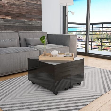 Vidaxl – Table basse fixe noire brillante 60x60x35 cm – Bois d'ingénierie – Fonction extensible avec roues – Compartiment de rangement intégré