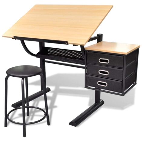 Vidaxl – Table à dessin inclinable 119,5 x 60 cm avec 3 tiroirs – Dessus réglable jusqu'à 80° – Tabouret rembourré inclus