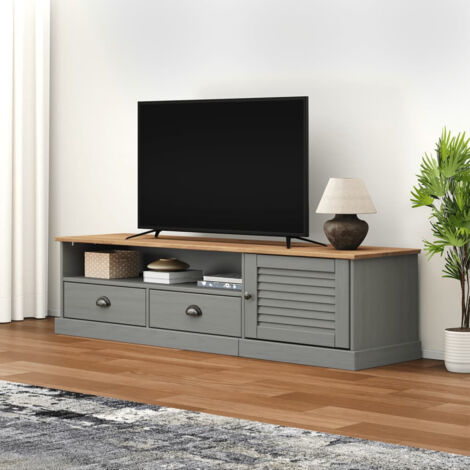 Vidaxl – Meuble TV VIGO gris 156x40x40 cm en bois massif de pin – 2 tiroirs et 1 compartiment ouvert – Facile à entretenir (1/5)