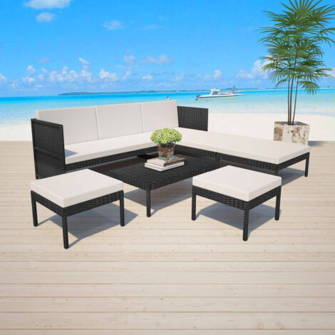 Vidaxl – Salon de jardin 6 pcs – Canapé 3 places avec coussins – Résine tressée noire – Table basse 70x45cm – 2 grands et 2 petits poufs (1/5)