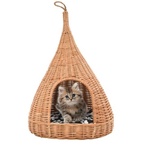 Vidaxl – Panier pour chat en saule naturel 40x60 cm – Coussin en coton et polyester – Conception tipi pour confort – Boucle d'accroche intégrée