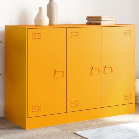 Vidaxl – Buffet jaune moutarde 99x39x73 cm – Acier laminé à froid – 3 portes avec poignées en métal – Grand espace de rangement