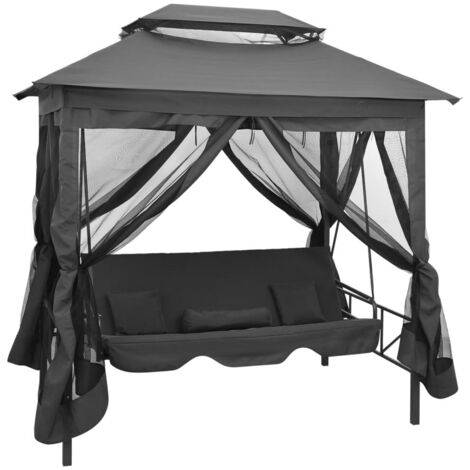 Vidaxl – Balancelle de jardin convertible à auvent anthracite 220x160x240 cm – Acier enduit de poudre – 2 coussins inclus – Charge max 110 kg