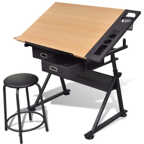 Vidaxl – Table à dessin inclinable 118x62 cm avec 2 tiroirs – Hauteur réglable 68,5-106 cm – MDF et pieds en fer enduit de poudre – Tabouret rembourré inclus
