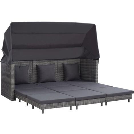 Vidaxl – Canapé-lit extensible 3 places avec toit en résine tressée – Dimensions 200 x 185 x 70 cm – Coussins confortables inclus – Résistant aux intempéries
