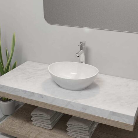 Vidaxl – Lavabo céramique oval blanc avec mitigeur – Finition brillante – Drain 4,5 cm – Installation facile avec tuyaux inclus (1/6)