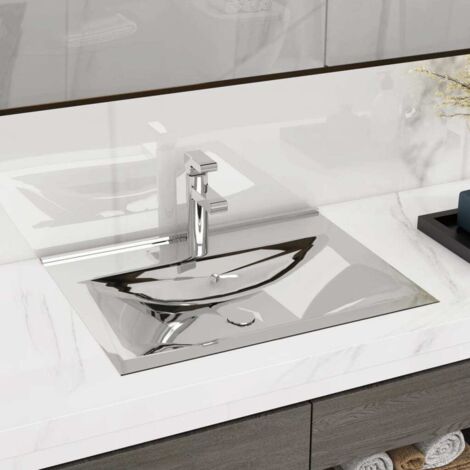 Vidaxl – Vasque à poser céramique argenté 60x46x16 cm – Avec trop-plein et trou de robinet – Installation encastrable ou suspendue