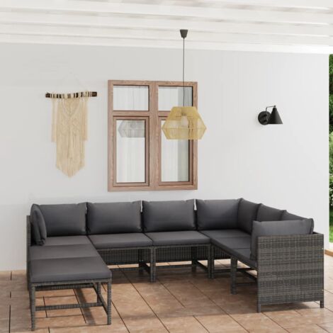 Salon de jardin 8 pcs avec coussins Résine tressée Gris vidaXL (1/5)