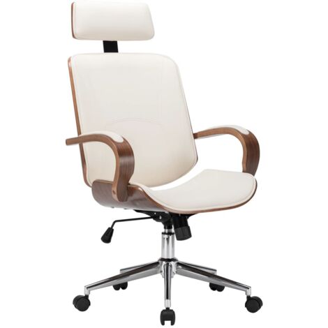 Chaise de bureau avec appuie-tête Crème Similicuir et bois vidaXL