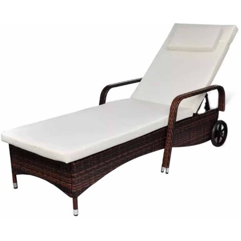 vidaXL Sun Lounger with Cushion & Wheels Poly Rattan Brown