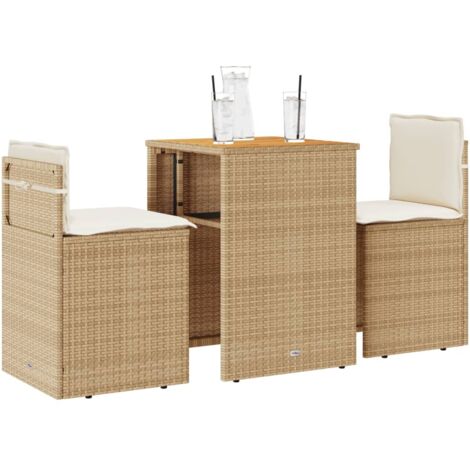 Vidaxl – Ensemble de bistro 3 pcs – Résine tressée beige avec coussins amovibles – Table en bois d'acacia – Chaises empilables (1/5)