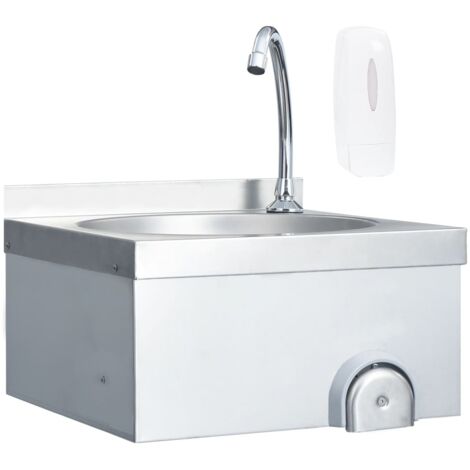 Vidaxl – Lavabo professionnel en inox 304 avec robinet et distributeur de savon – Montage mural – Dimensions 40x40x44cm – Opération hygiénique genou (1/6)