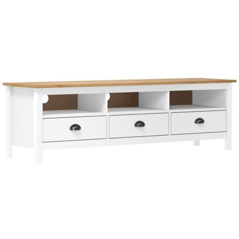 Vidaxl – Meuble TV rétro 158x40x47 cm – Bois de pin massif – 3 étagères et 3 tiroirs – Couleur blanche (1/6)