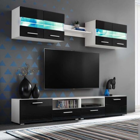 Vidaxl – Ensemble mural pour TV 5 pcs noir brillant – Éclairage LED éconergétique – Bois d'ingénierie – Dimensions : 100 x 30 x 34 cm