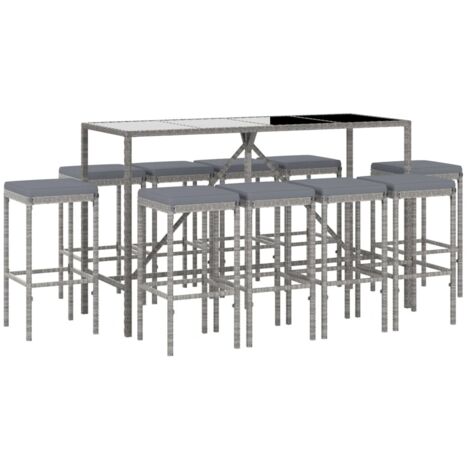 vidaXL 11 Piece Garden Bar Set with Cushions Grey Poly Rattan