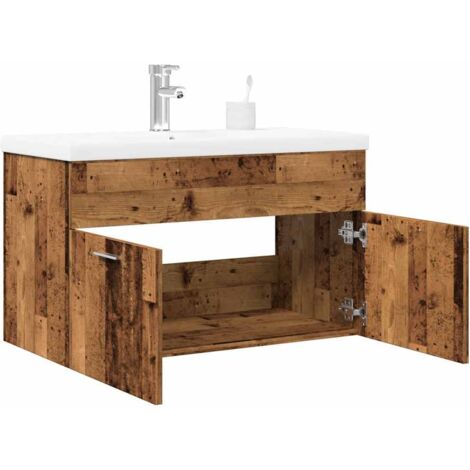 Vidaxl – Ensemble de meubles salle de bain 2 pcs – Armoire vieux bois 80x38,5x46 cm – Lavabo céramique blanc 81x39,5x18,5 cm avec trop-plein (1/6)