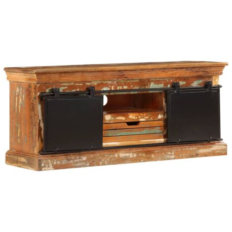 Vidaxl – Meuble TV bois de récupération massif 110 x 30 x 45 cm – 3 compartiments et tiroir – 2 portes coulissantes en métal – Style vintage (1/5)