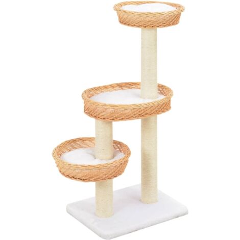 Vidaxl – Arbre à chat en bois naturel avec griffoir en sisal – 3 étagères – Paniers en saule – Dimensions compactes pour petits espaces (1/6)
