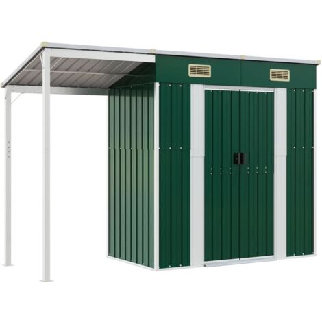 Vidaxl – Abri de jardin métal 277x110,5x181 cm – Acier galvanisé vert – Toit prolongé pour rangement optimal – 2 bouches d'aération
