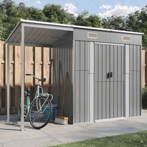 Vidaxl – Abri de jardin métal gris clair 277x110,5x181 cm – Acier galvanisé résistant à la corrosion – Toit prolongé pour rangement optimal