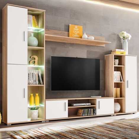 Vidaxl – Meuble TV mural avec éclairage LED blanc – Chêne sonoma et blanc – Dimensions 260x30x180 cm – Facile à assembler et à installer