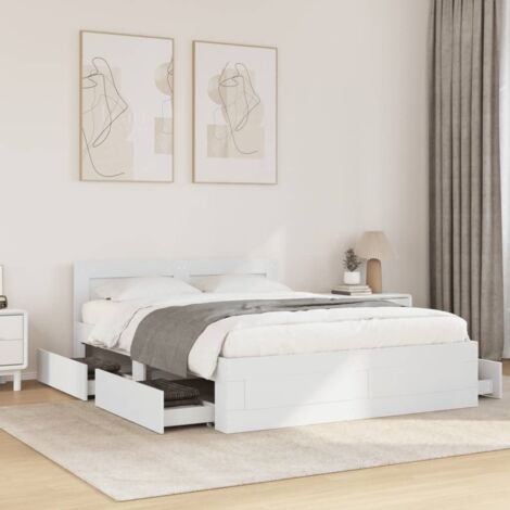 Vidaxl – Cadre de lit blanc 140x190 cm avec tête de lit – Bois d'ingénierie – Sommier à lattes – Tiroirs de rangement intégrés (1/7)