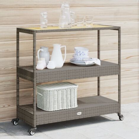 vidaXL Bar Cart 3-Tier Grey Poly Rattan and Solid Wood Acacia (1/5)