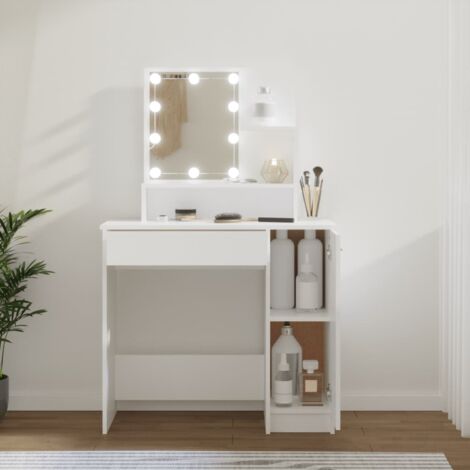Vidaxl – Coiffeuse avec LED – Table de maquillage blanche 86,5x35x136 cm – Bois d'ingénierie résistant à l'humidité – Étagères ouvertes et tiroir