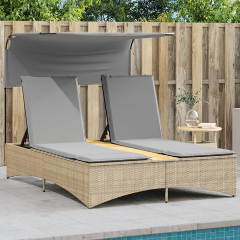 vidaXL Double Sun Lounger with Canopy and Cushions Mix Beige Poly Rattan