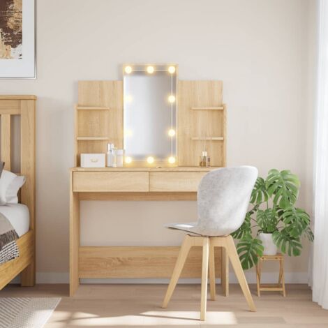 Vidaxl – Coiffeuse avec lumières LED – Chêne sonoma – 96x40x142 cm – 2 tiroirs et 4 étagères – Miroir utilitaire avec luminosité réglable