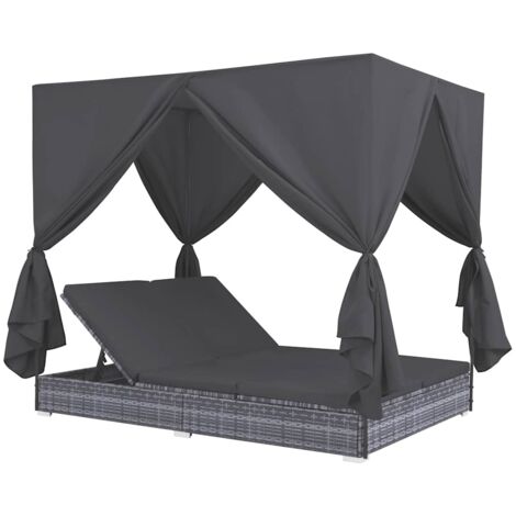 Vidaxl – Chaise longue double extérieure en résine tressée – Cadre acier enduit – Coussins épais 6 cm – Housse amovible – Rideaux pour intimité
