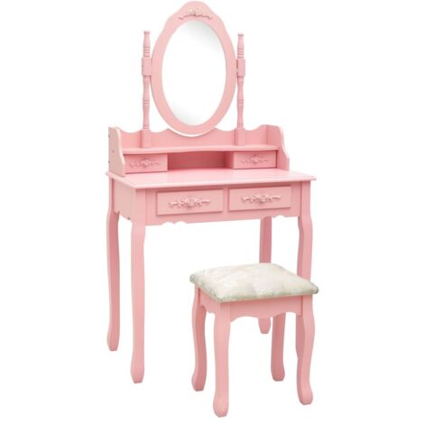 Vidaxl – Coiffeuse avec tabouret rose 75x69x140 cm – Bois de paulownia – Miroir inclus – 4 tiroirs pour rangement efficace