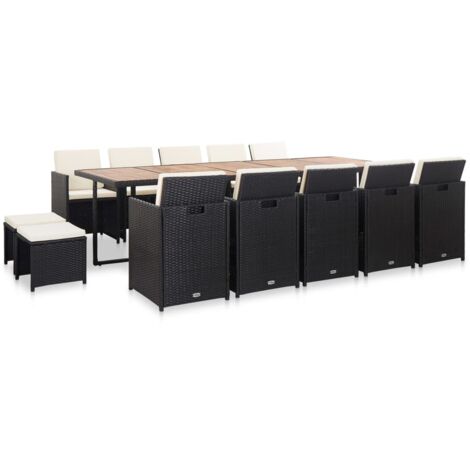 Ensemble à manger d'extérieur 15 pcs avec coussins rotin Noir vidaXL