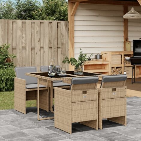 Vidaxl – Ensemble table et chaise de jardin 5 places – Résine tressée beige – Coussins épais amovibles – Verre trempé – Dossier rabattable