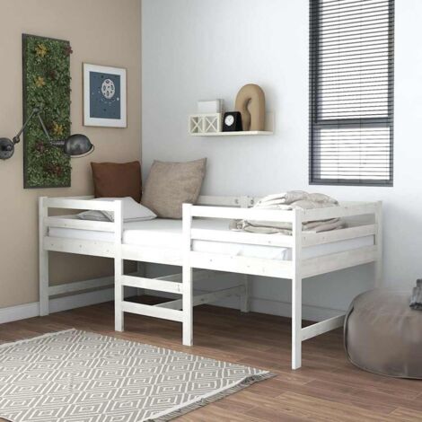 Vidaxl – Cadre de lit blanc 90x200 cm en bois de pin massif – Lit mi-haut avec échelle intégrée – Lattes en contreplaqué pour soutien optimal (1/6)