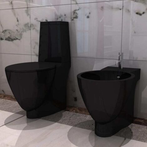Vidaxl – Ensemble de toilette et bidet céramique noir – Dimensions toilette 39x66x84cm – Double chasse d'eau 3/6L – Abattant à fermeture douce (1/5)