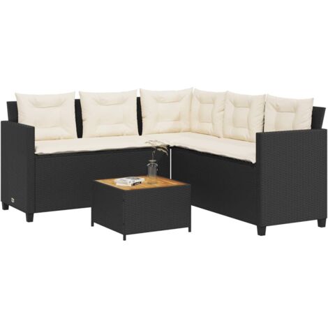 vidaXL Garden Sofa with Table and Cushions L-shaped Black Poly Rattan