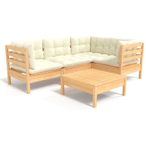 Salon de jardin 5 pcs avec coussins crème bois de pin vidaXL (1/5)