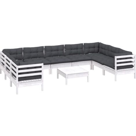 Salon de jardin 10 pcs avec coussins blanc bois de pin vidaXL (1/5)